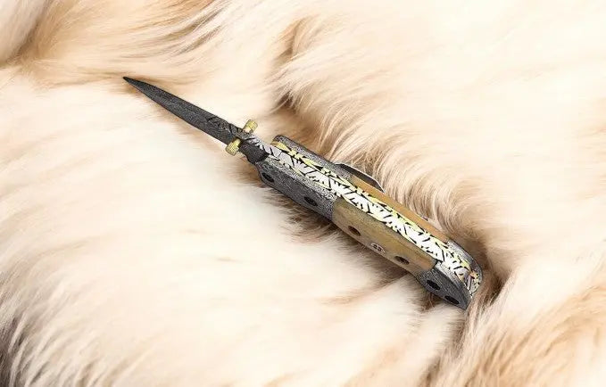 Mini folding knife | Bone Handle pocket knife | 3 inch blade by Damascus Knife Store, Damascus knife detail photo 6