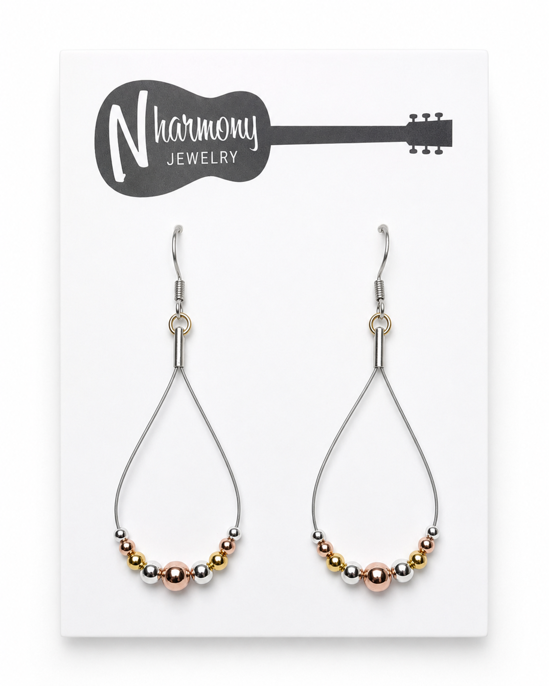 Tri Colored Graduated Ball Guitar String Earrings by N Harmony Jewelry, handmade jewelry detail photo 3