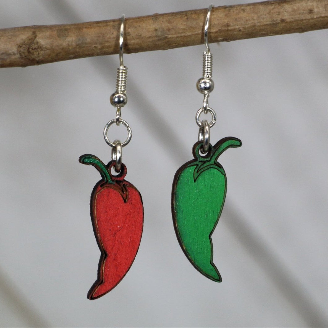Mismatched Chili Pepper Wooden Earrings | Spicy Food Jewelry by Cate's Concepts, LLC, Southern food gift main product photo