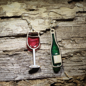 Wine Bottle and Glass Wooden Resin Dangle Earrings | Wine Lover Jewelry
