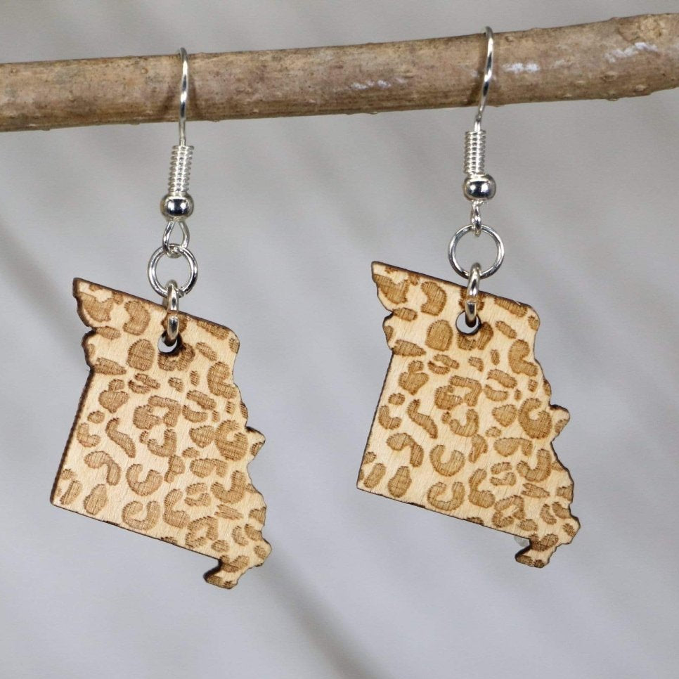 Missouri State Cheetah Print Wooden Earrings | State Pride Jewelry by Cate's Concepts, LLC