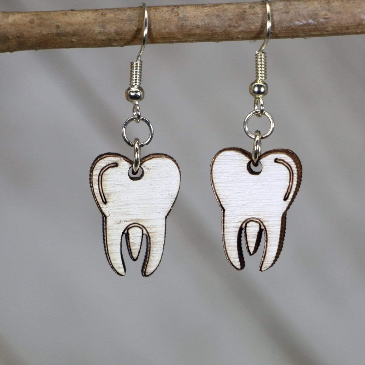 Molar Tooth Wooden Earrings | Dentist Dental Jewelry detail view by Cate's Concepts, LLC