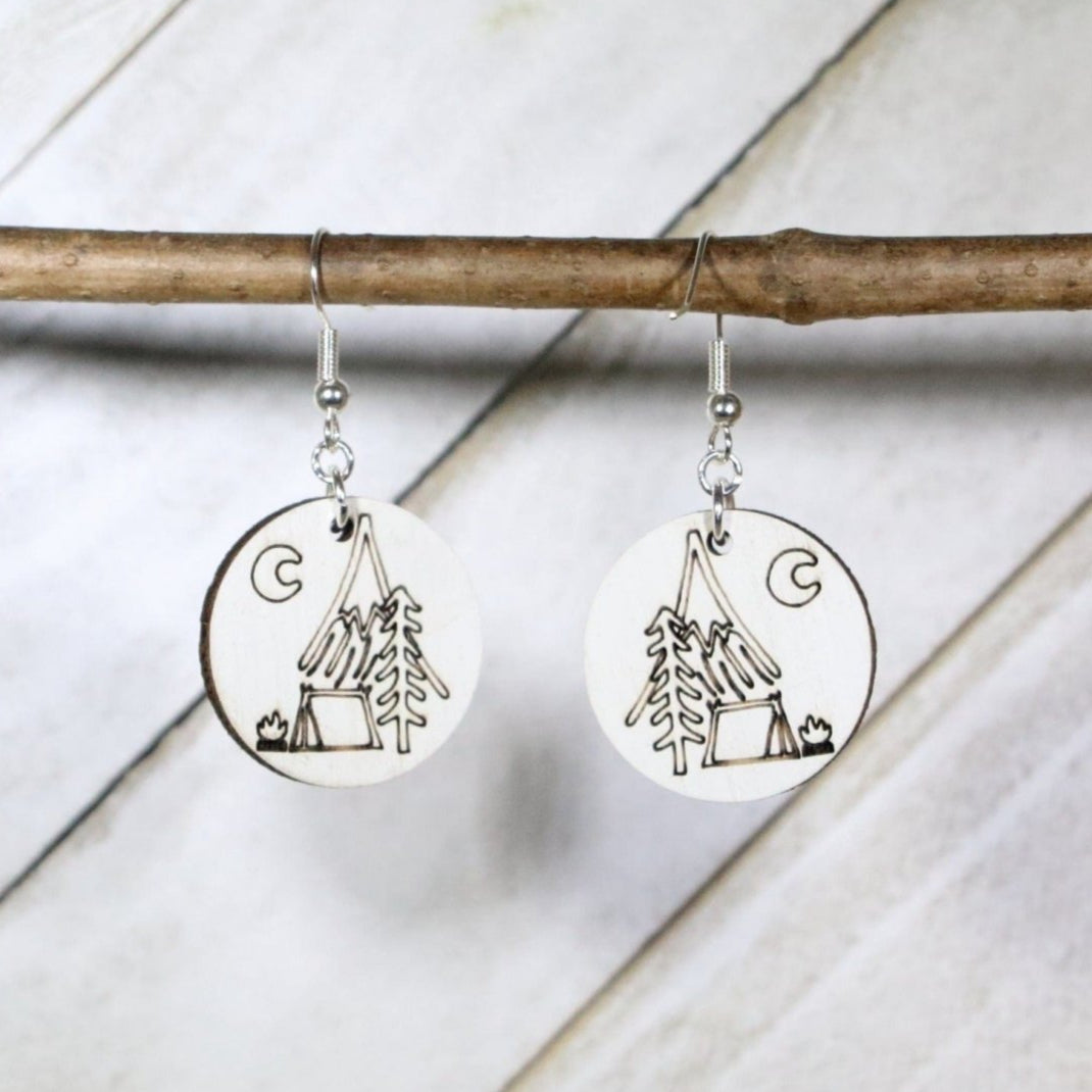 Moonlit Camp Wooden Earrings | Camping Night Nature Jewelry by Cate's Concepts, LLC