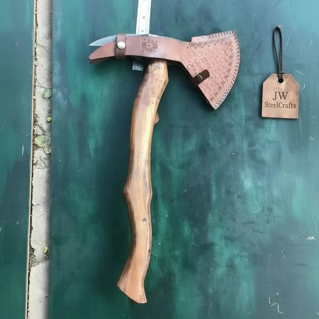 Camping Axe Damascus Steel 20 Inch Rosewood Handle with Leather Sheath by JW SteelCrafts, leather knife sheath detail photo 7