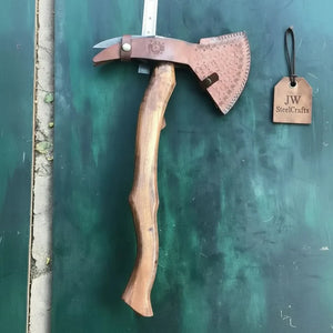 Camping Axe Damascus Steel 20 Inch Rosewood Handle with Leather Sheath by JW SteelCrafts, leather knife sheath detail photo 7