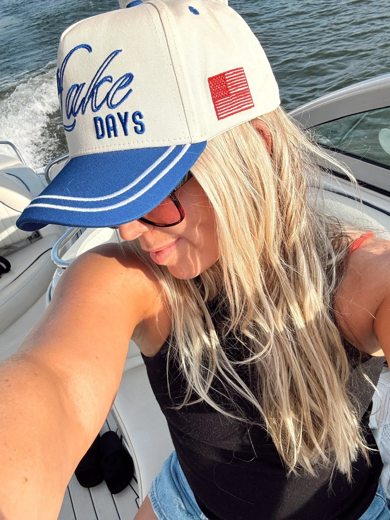 More Lake Days - Royal Blue Vintage Trucker Hat by KenzKustomz, Southern lifestyle apparel detail photo 2