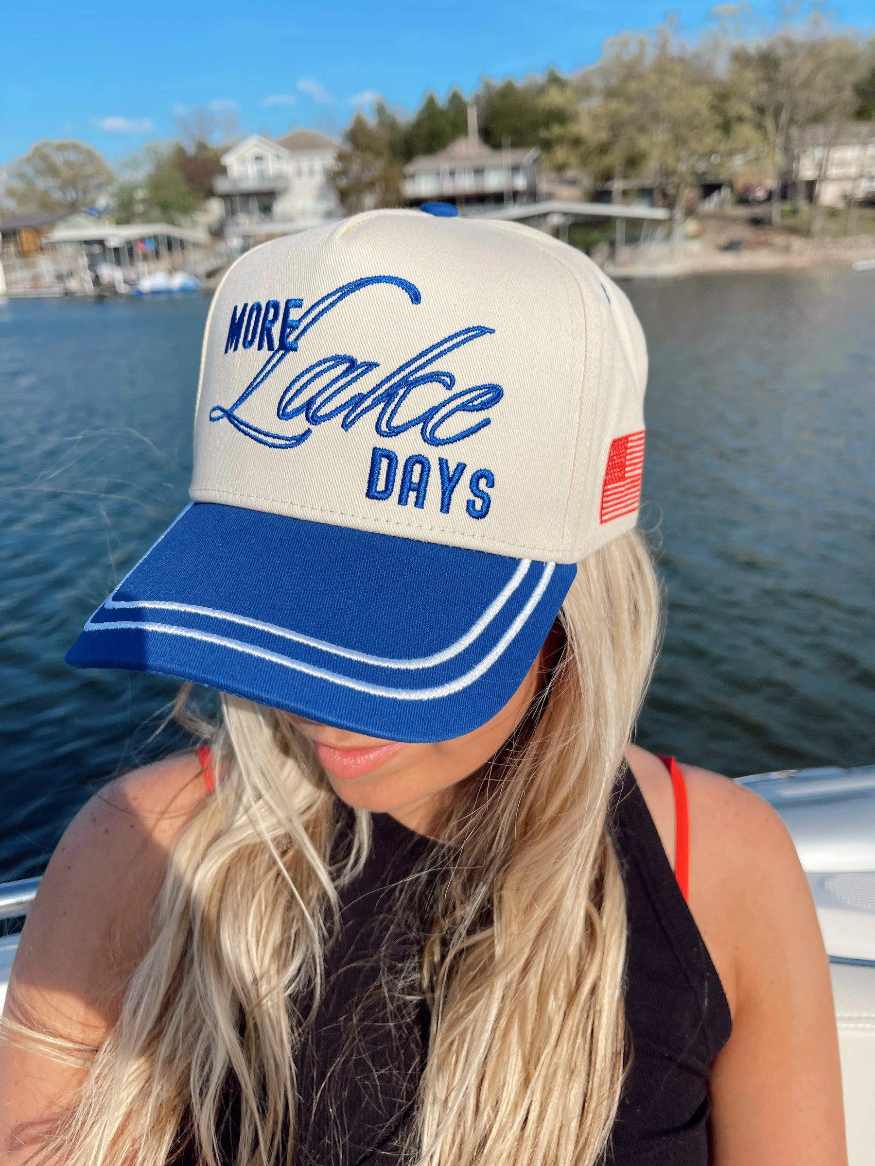 More Lake Days - Royal Blue Vintage Trucker Hat by KenzKustomz, Southern lifestyle apparel detail photo 9