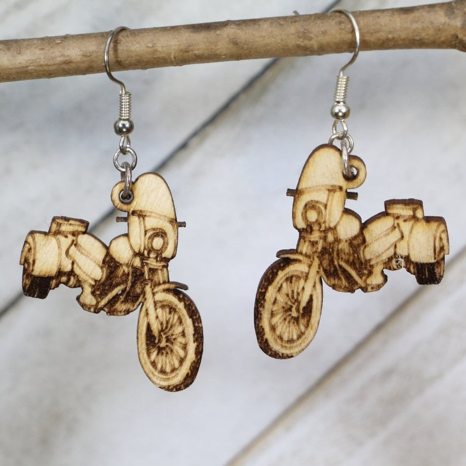 Motorcycle Trike Wooden Earrings | Biker Vintage Jewelry detail view by Cate's Concepts, LLC