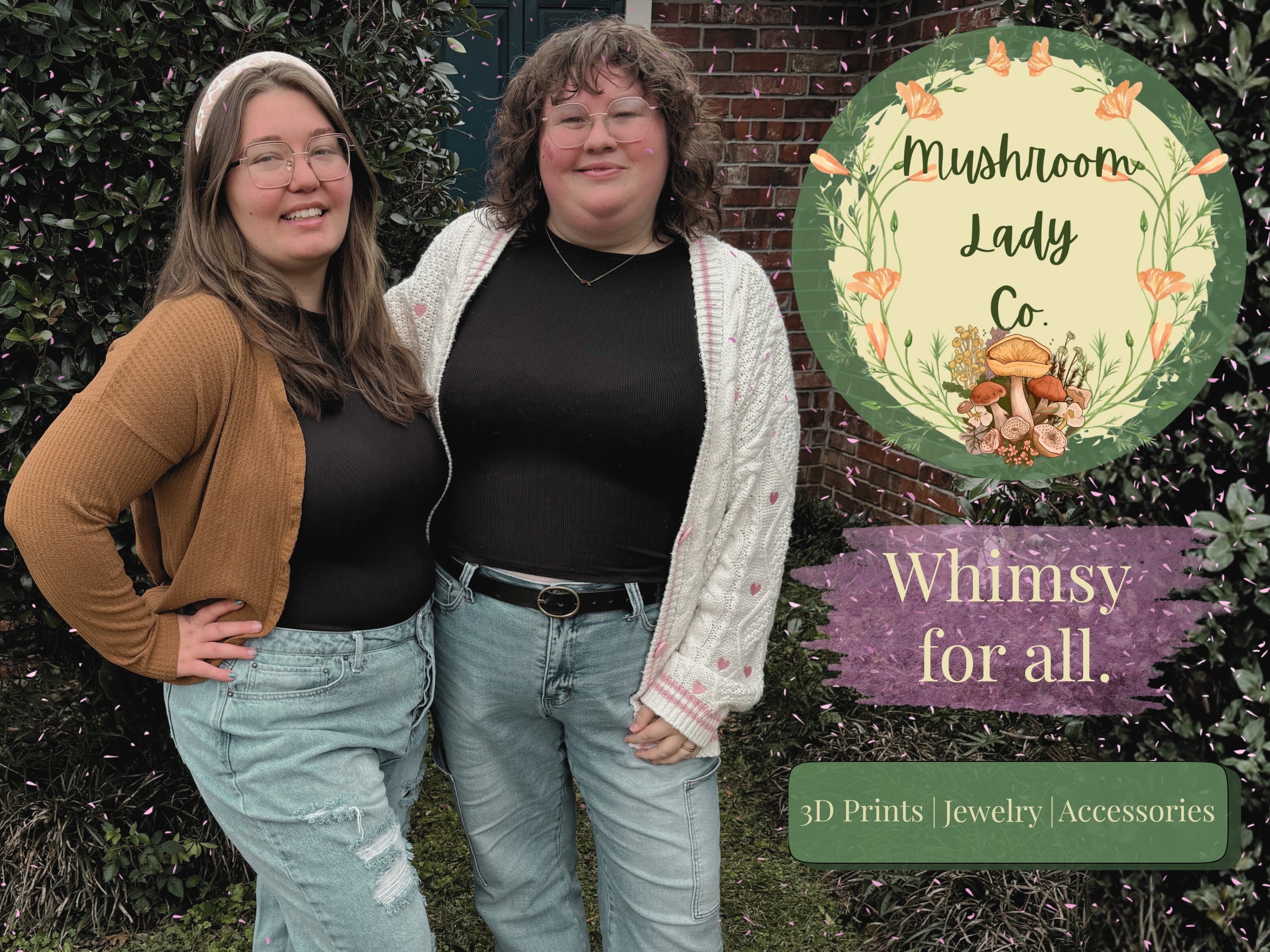 Two women posing outdoors next to the Mushroom Lady Co. logo.