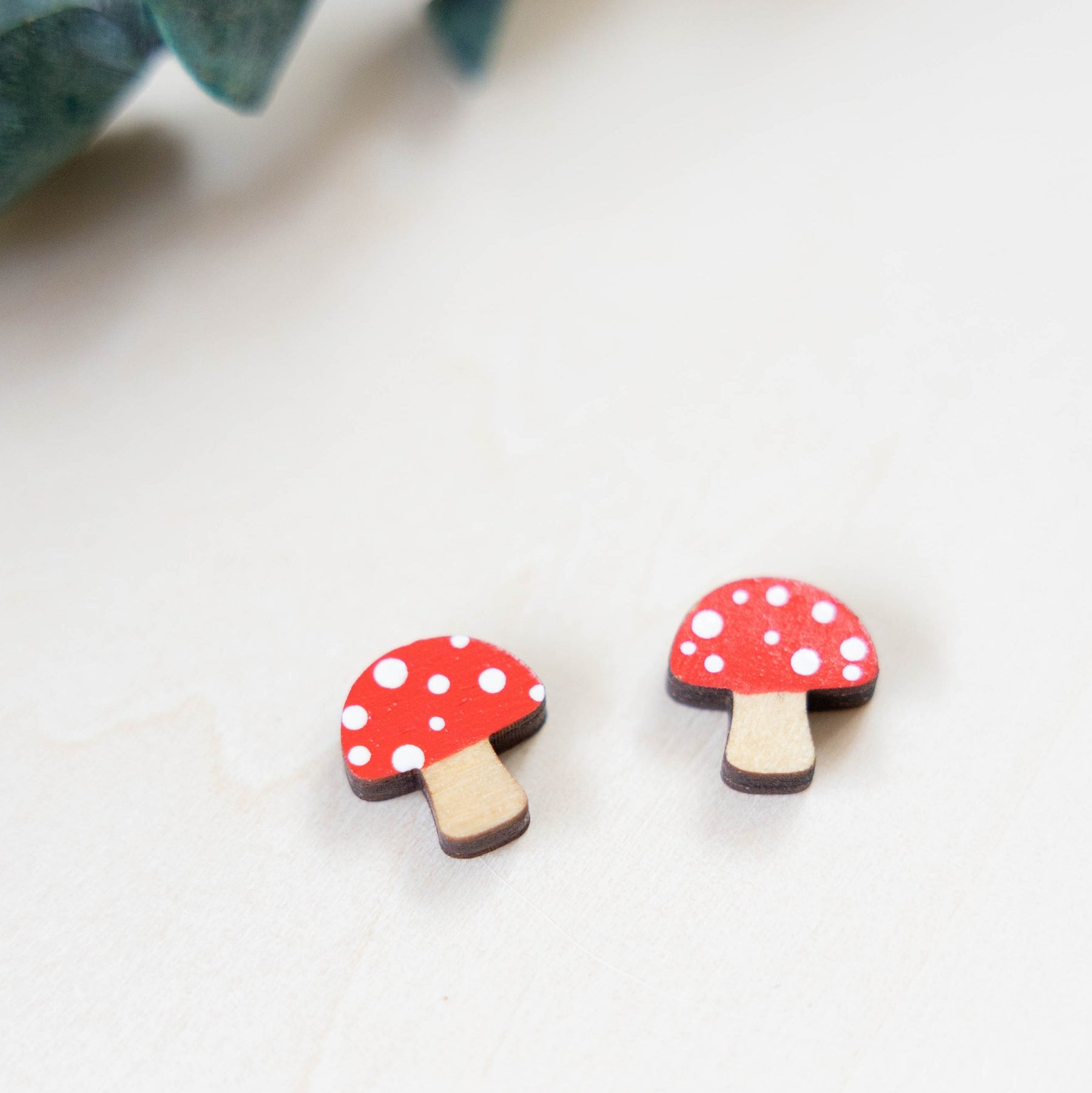 Additional view of Mushroom Stud Earrings hand painted on lightweight wood by LE CHIC MIAMI