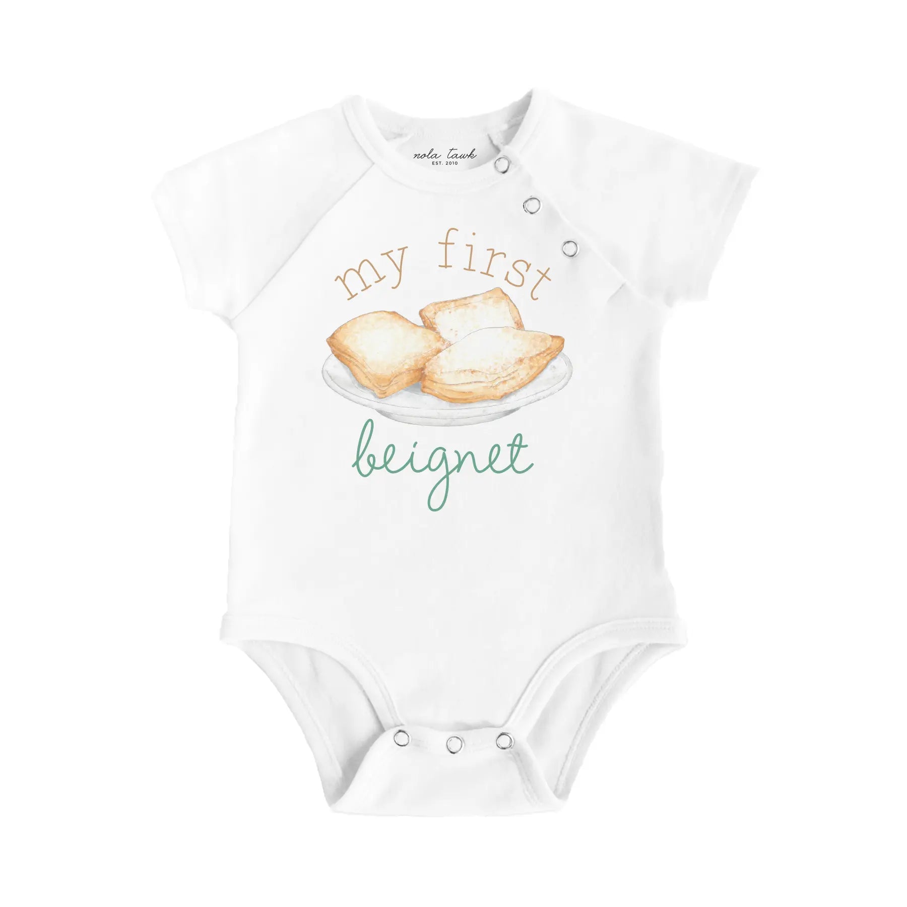 My First Beignet Organic Cotton Baby Onesie by Nola Tawk, Southern lifestyle apparel main product photo