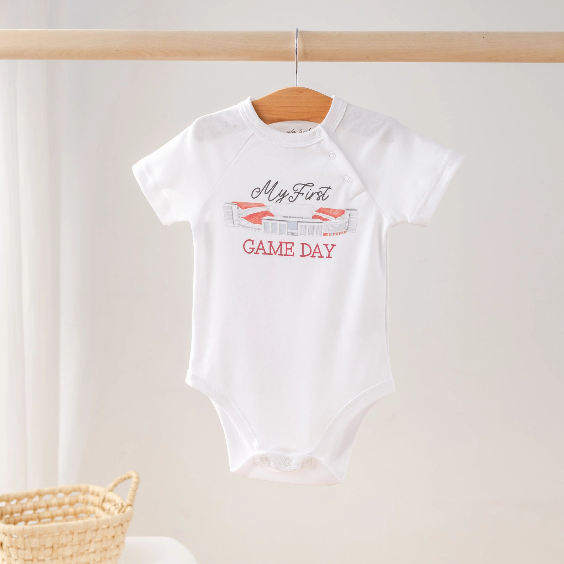 My First Game Day - Arkansas Organic Cotton Onesie by Nola Tawk, Southern lifestyle apparel main product photo