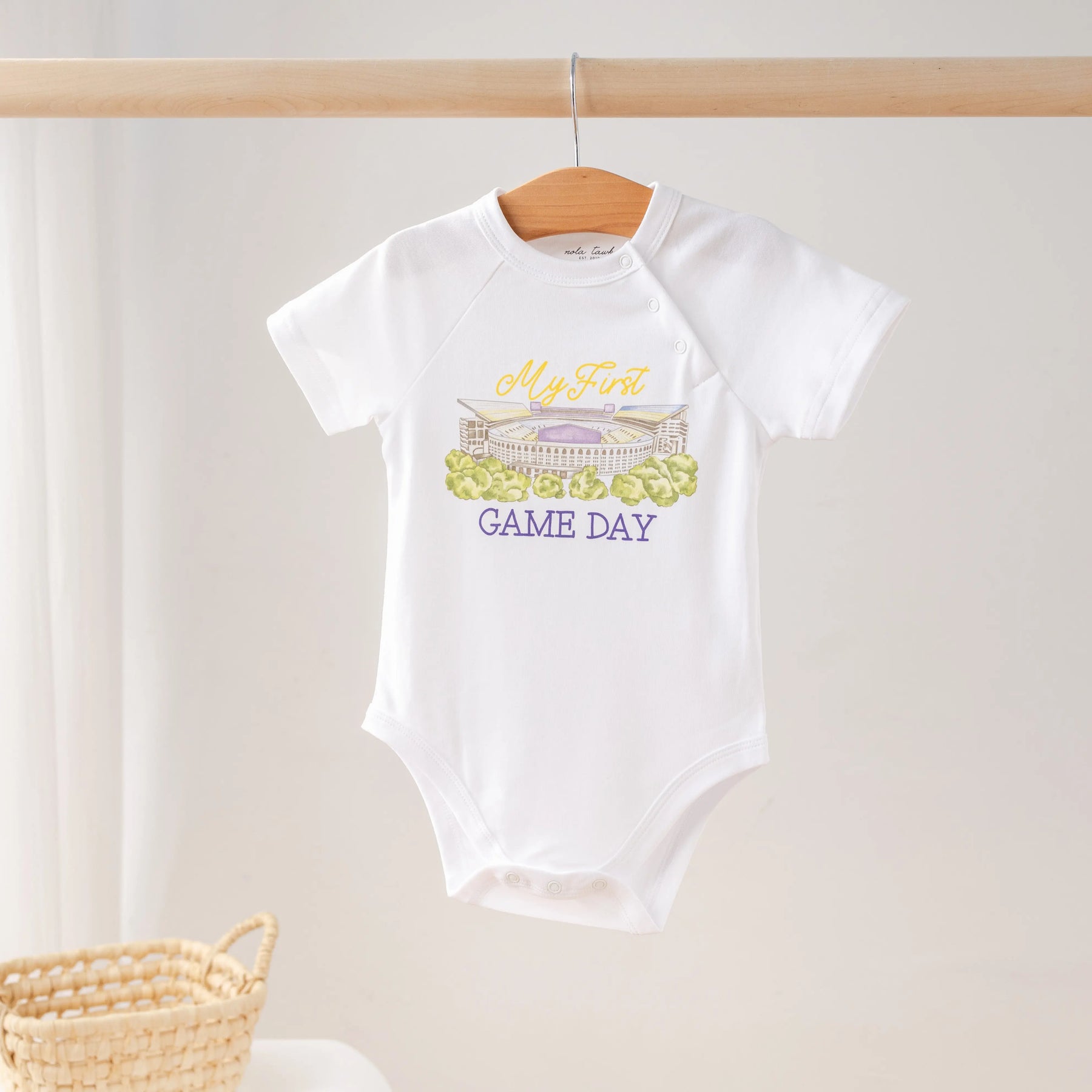 My First Game Day - LSU Organic Cotton Onesie by Nola Tawk, Southern lifestyle apparel main product photo