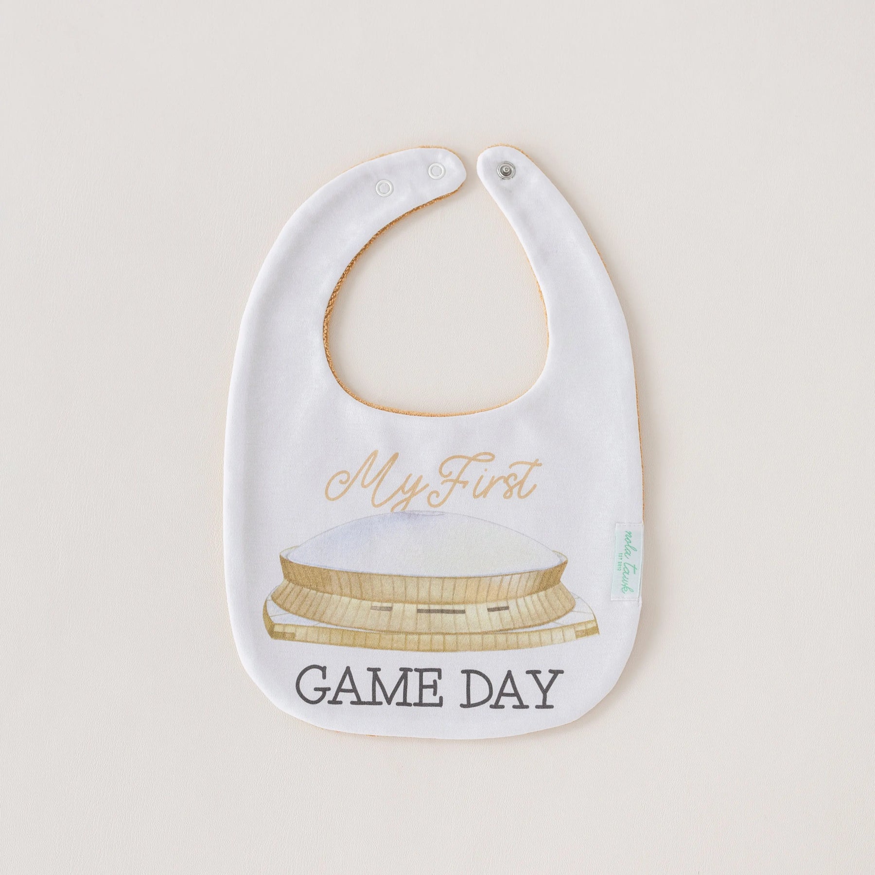 My First Game Day - Saints Organic Cotton Baby Bib by Nola Tawk, children's boutique clothing main product photo