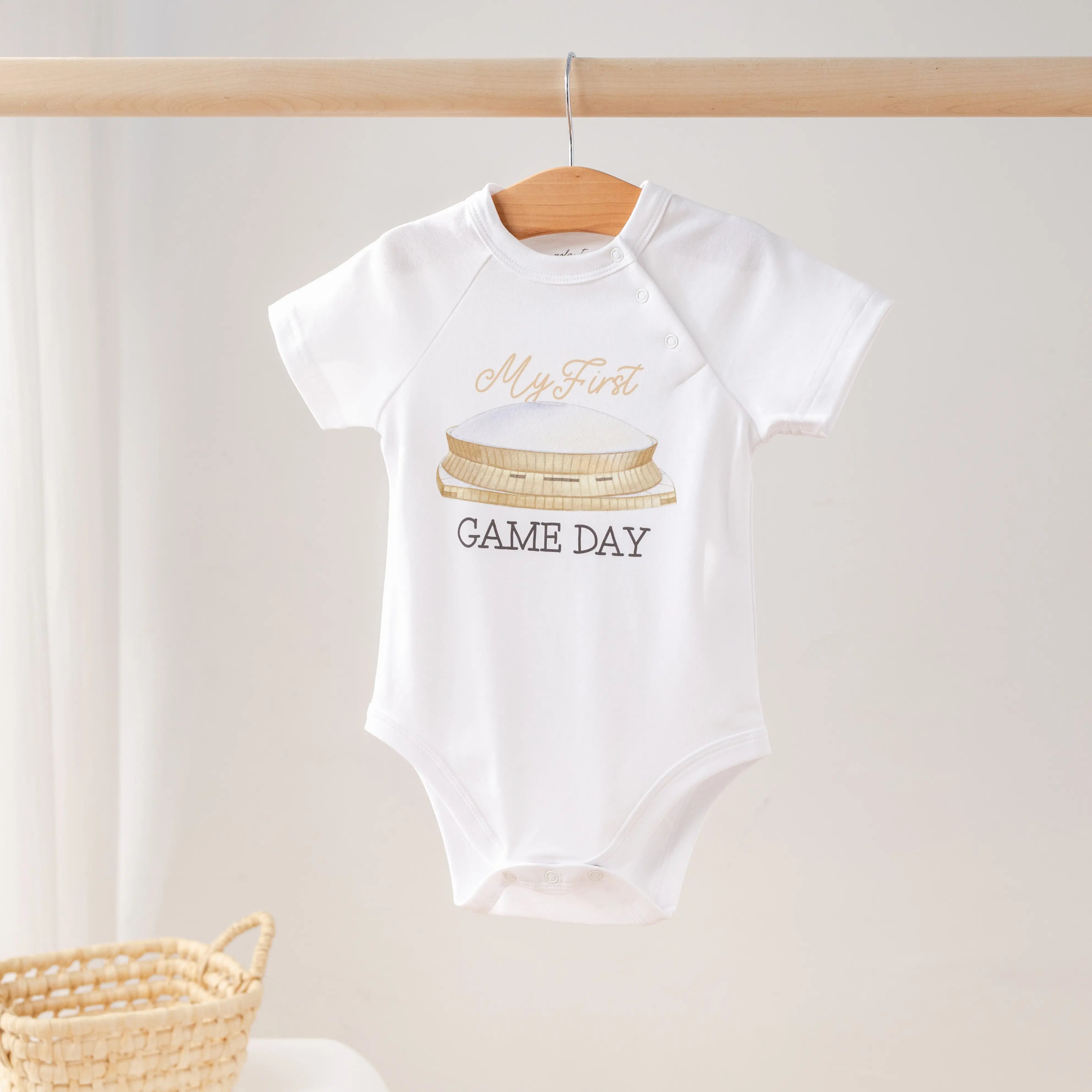 My First Game Day - Saints Organic Cotton Onesie by Nola Tawk, Southern lifestyle apparel main product photo