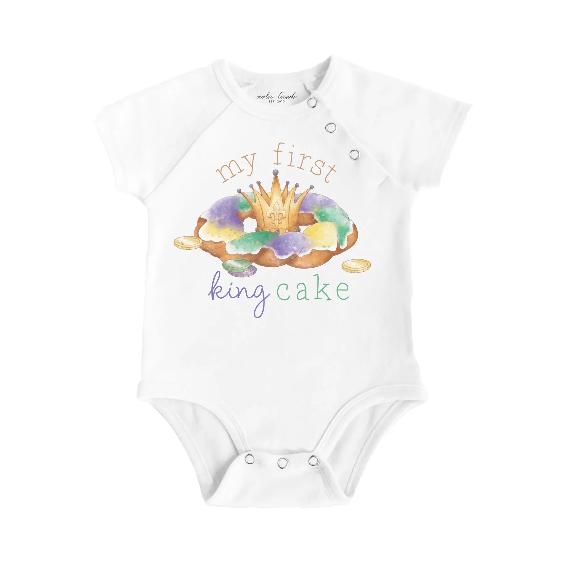 My First King Cake Organic Cotton Baby Onesie by Nola Tawk, Southern lifestyle apparel main product photo