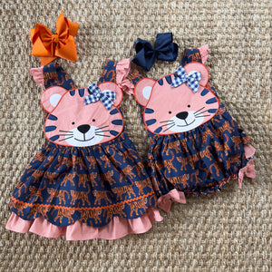 Navy Tiger Dress detail view by Seven Lantern Lane
