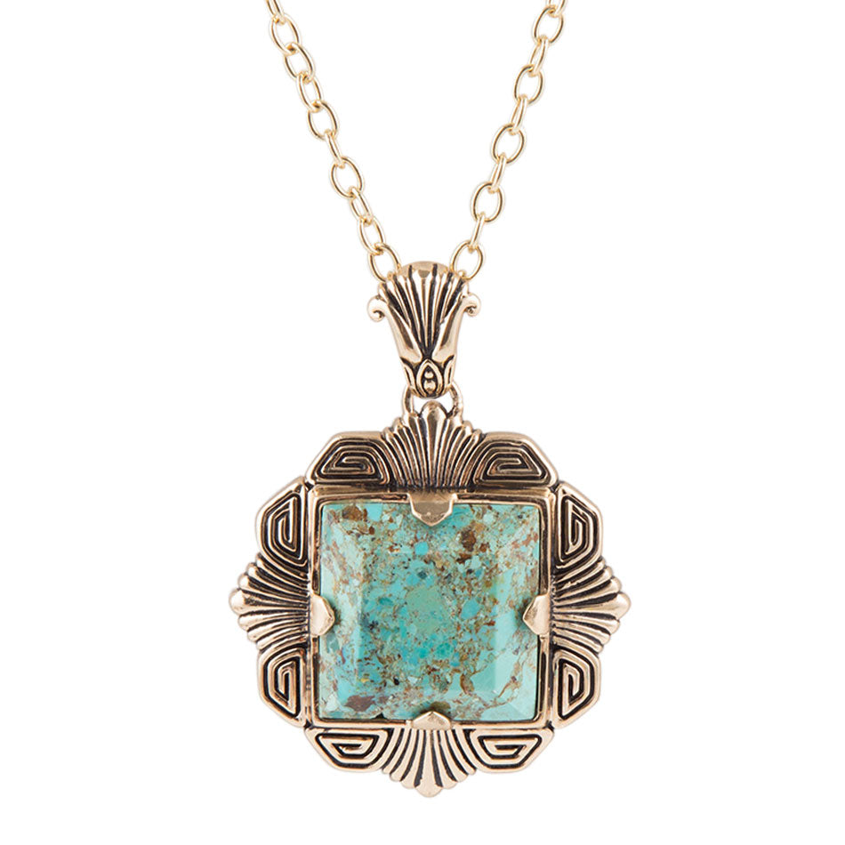 Blue Turquoise Square Golden Pendant Necklace by Barse Jewelry