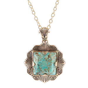 Blue Turquoise Square Golden Pendant Necklace by Barse Jewelry