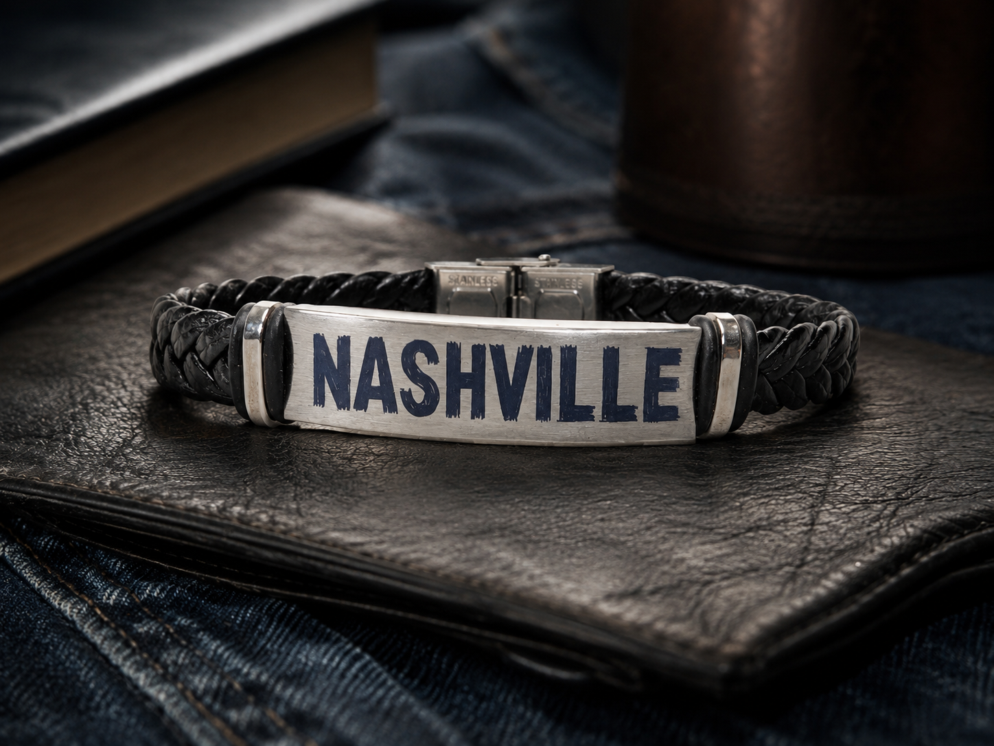Men’s Black Leather Nashville Bracelet by N Harmony Jewelry, handmade jewelry main product photo