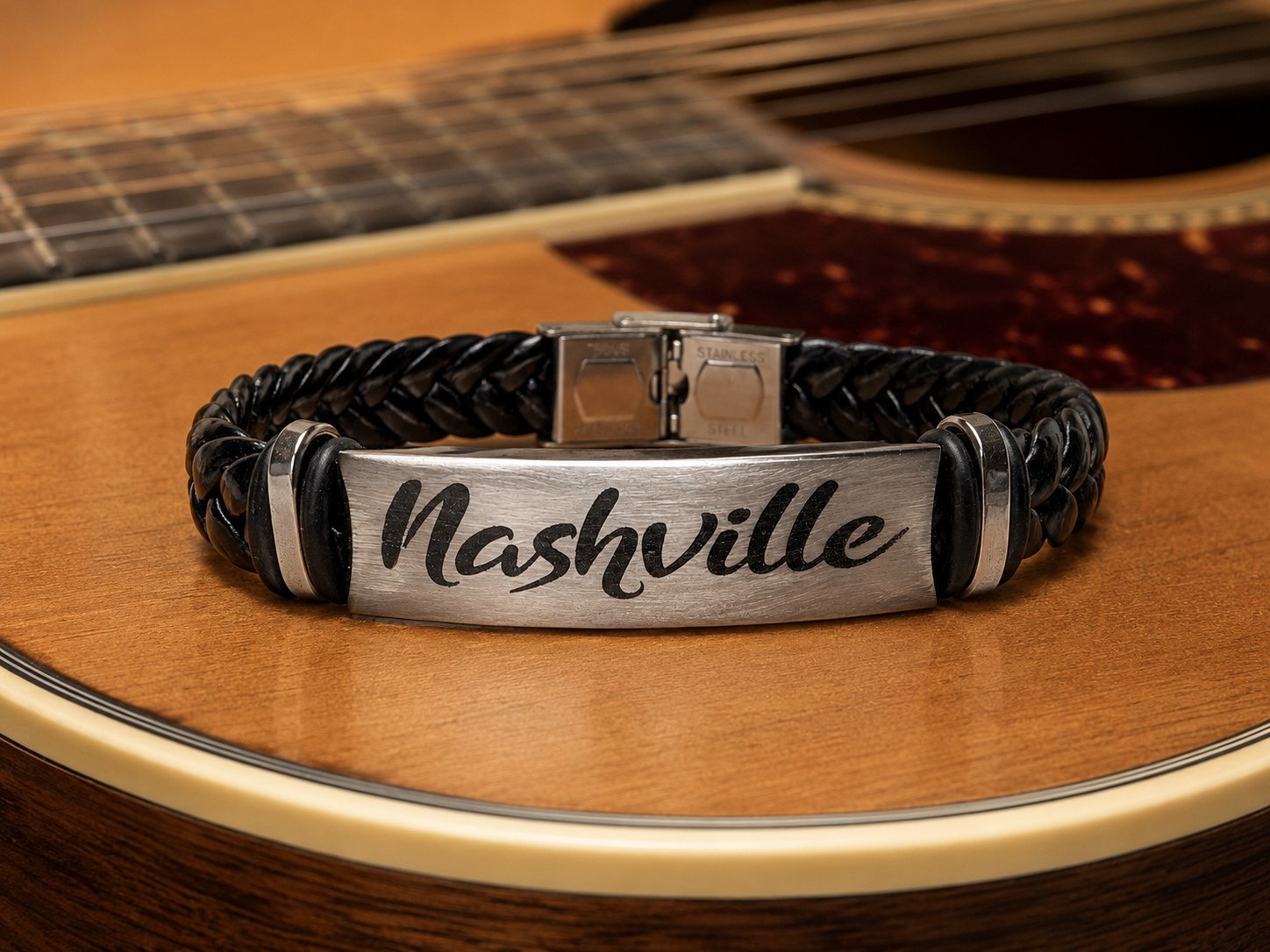 Men’s Black Leather Nashville Bracelet by N Harmony Jewelry, handmade jewelry detail photo 2