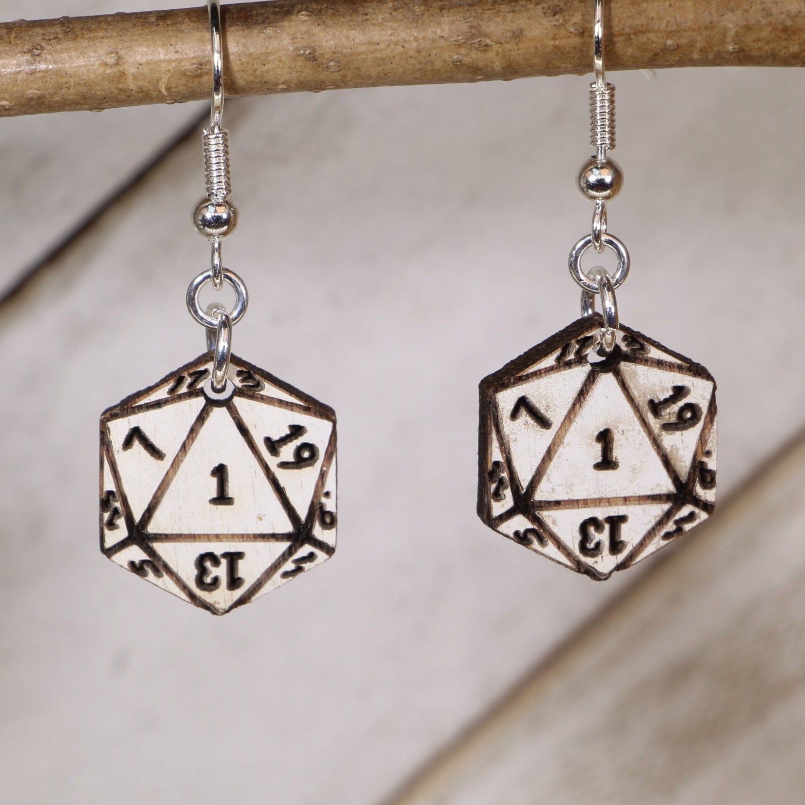 Natural 1 D20 Wooden Dangle Earrings | DnD Dice Gaming Jewelry by Cate's Concepts, LLC