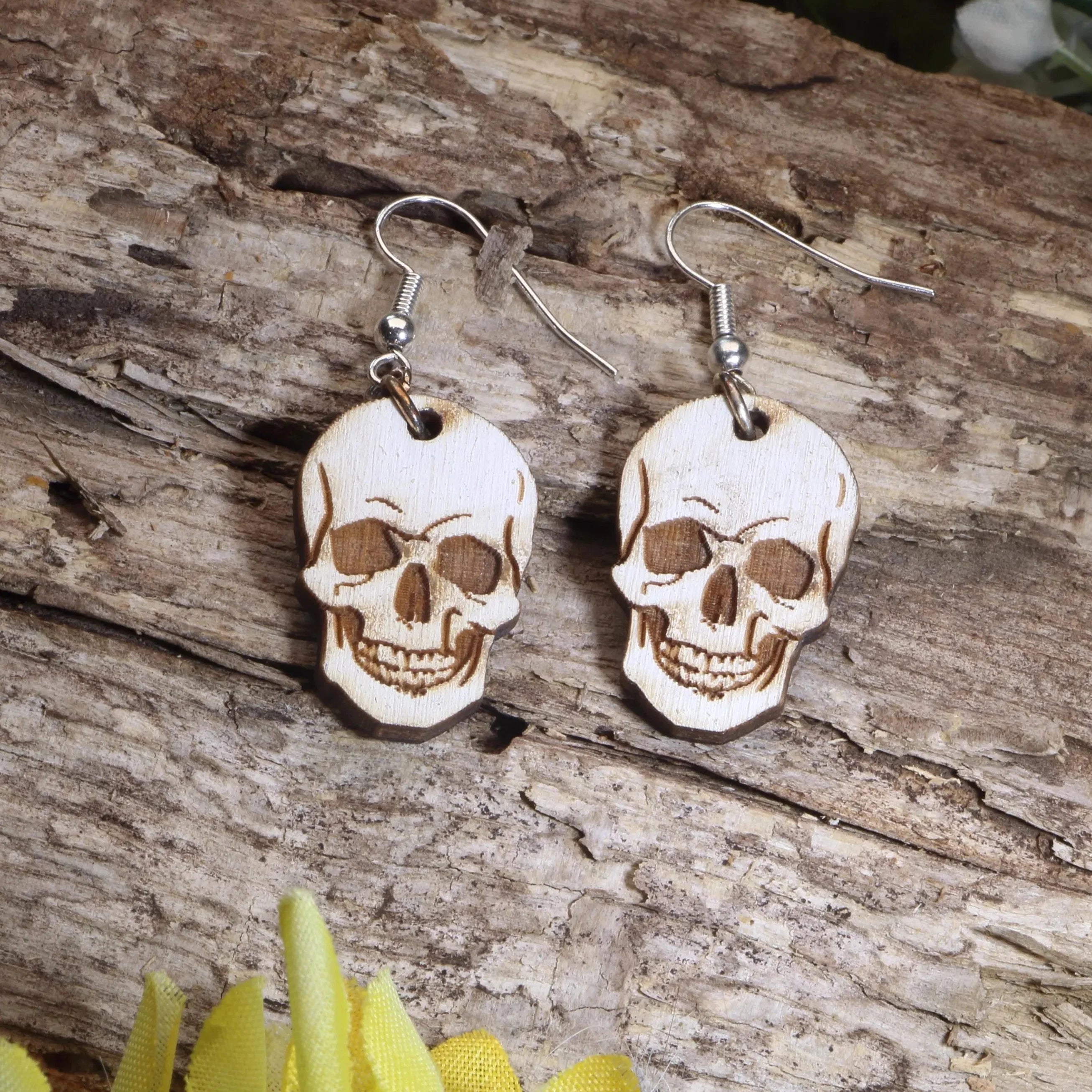 Human Skull Wooden Dangle Earrings | Gothic Halloween Jewelry