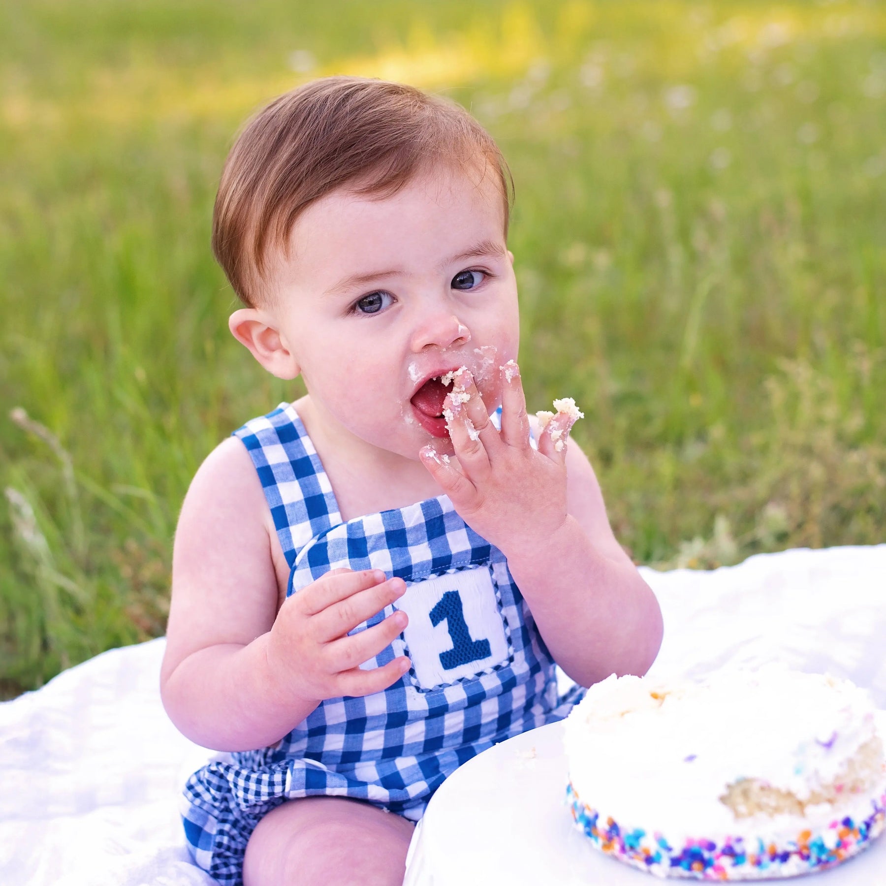 Navy Blue Smocked First Birthday Sunsuit by Seven Lantern Lane, children's boutique clothing detail photo 5