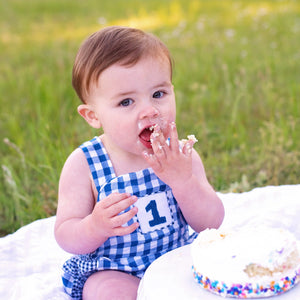 Navy Blue Smocked First Birthday Sunsuit by Seven Lantern Lane, children's boutique clothing detail photo 5