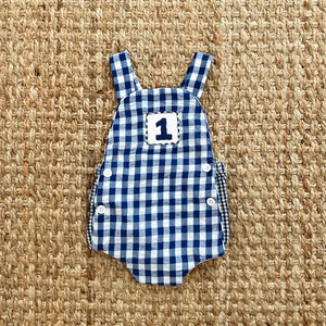 Navy Blue Smocked First Birthday Sunsuit by Seven Lantern Lane, children's boutique clothing detail photo 6