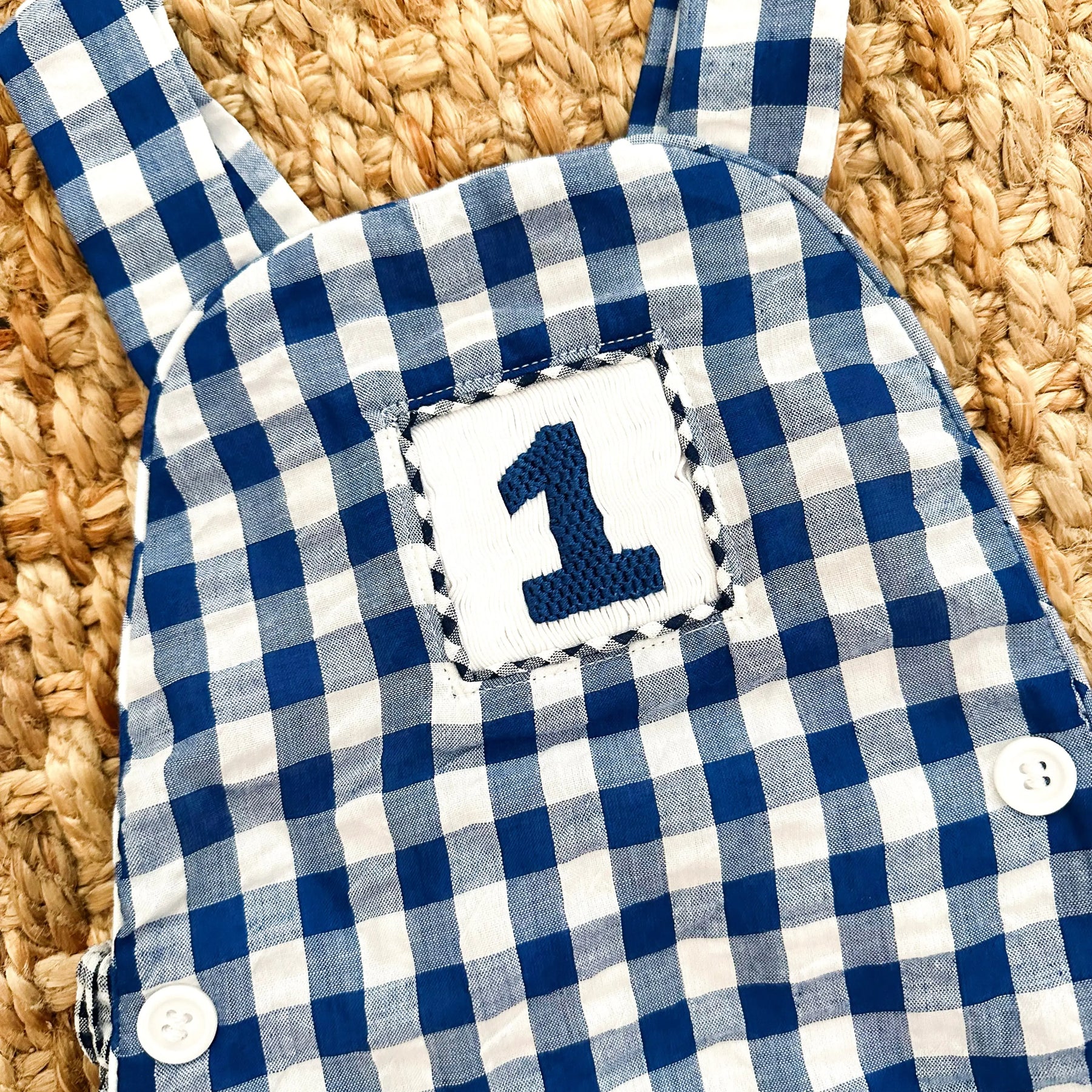 Navy Blue Smocked First Birthday Sunsuit by Seven Lantern Lane, children's boutique clothing detail photo 8
