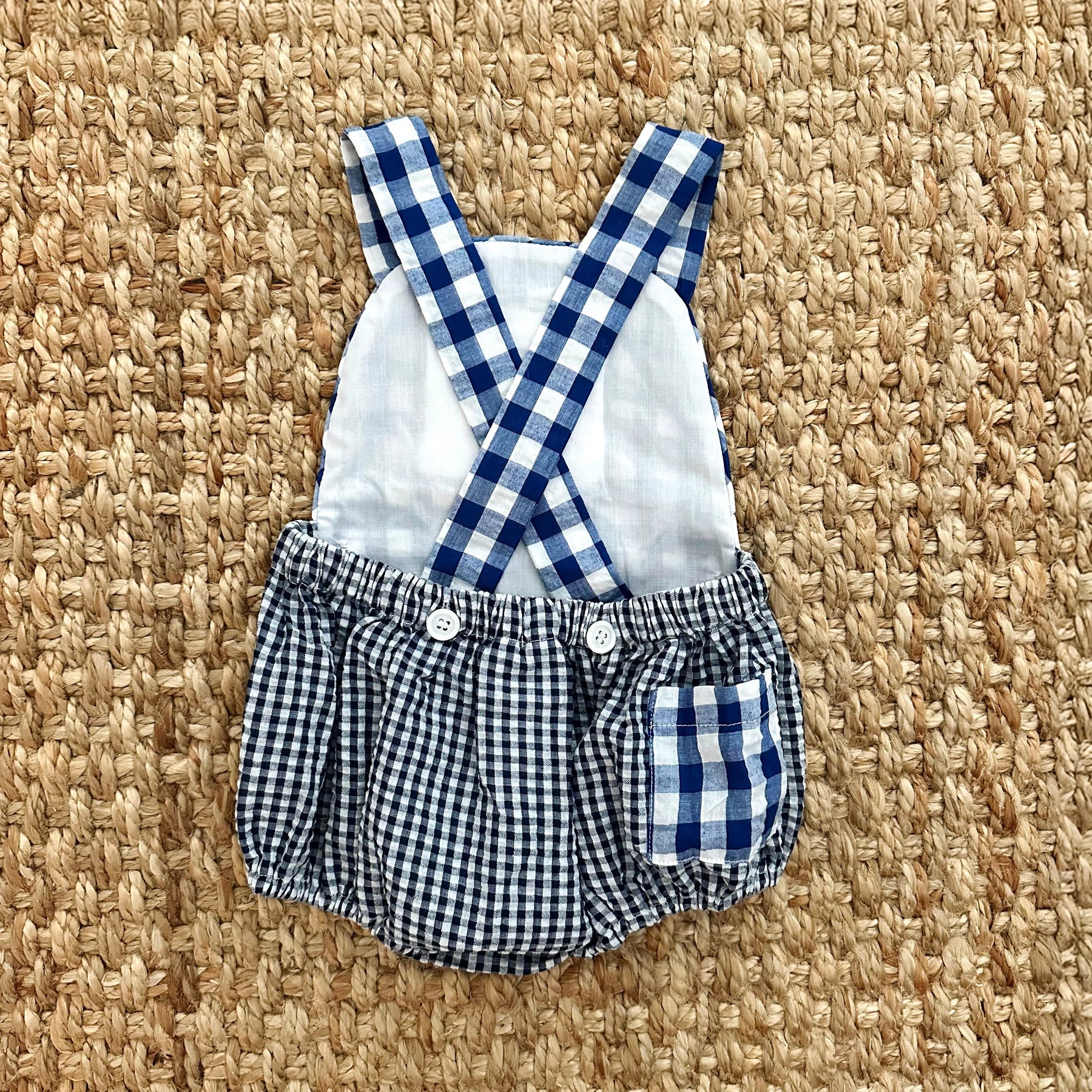 Navy Blue Smocked First Birthday Sunsuit by Seven Lantern Lane, children's boutique clothing detail photo 9
