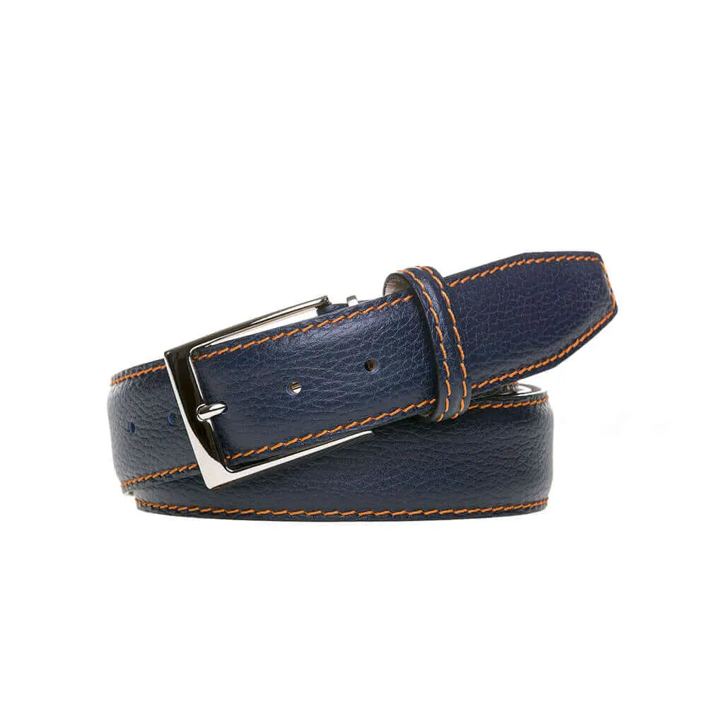 Navy Italian Pebble Grain Belt by Roger Ximenez: Bespoke Belts and Leather Accessories, handmade leather goods detail photo 2