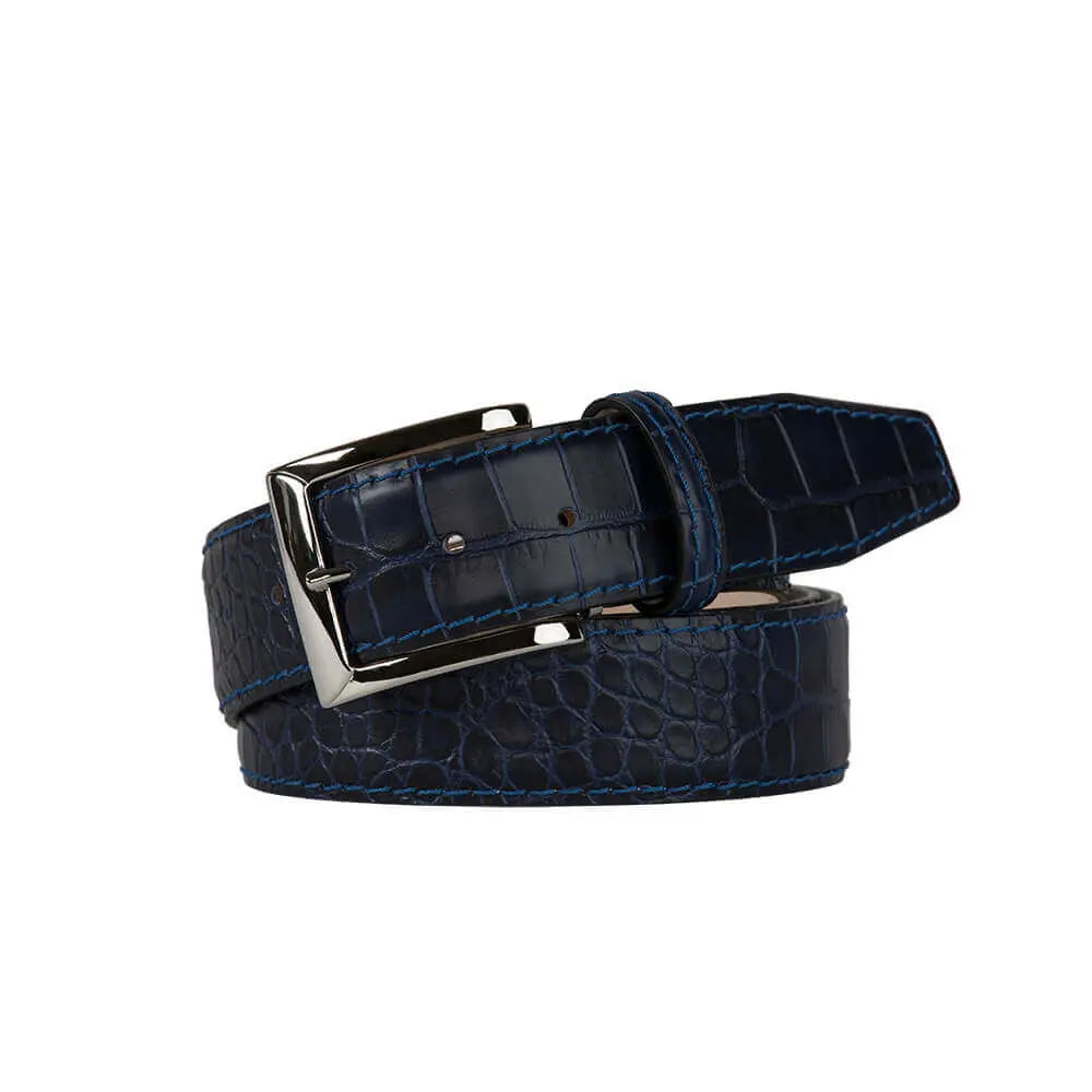 Navy Mock Croc Leather Belt by Roger Ximenez: Bespoke Belts and Leather Accessories, handmade leather goods detail photo 3