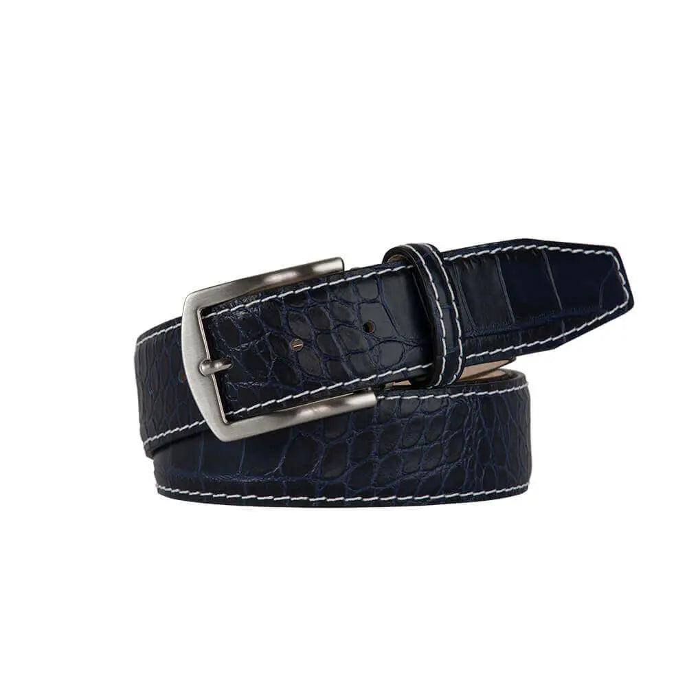 Navy Mock Croc Leather Belt by Roger Ximenez: Bespoke Belts and Leather Accessories, handmade leather goods detail photo 4