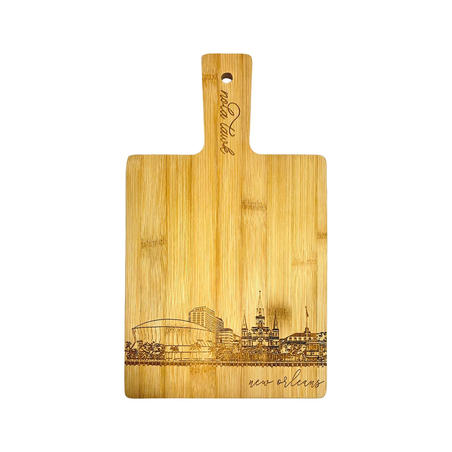 New Orleans Skyline Bamboo Cutting Board by Nola Tawk, handcrafted cutting board main product photo