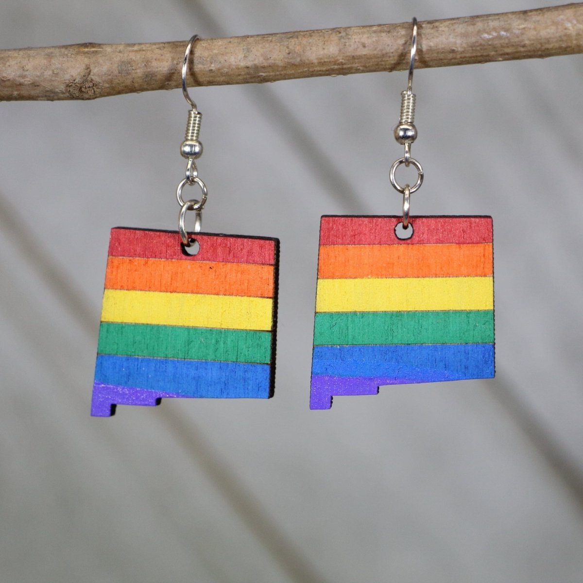 New Mexico LGBTQ+ Pride Wooden Earrings | State Pride Jewelry detail view by Cate's Concepts, LLC