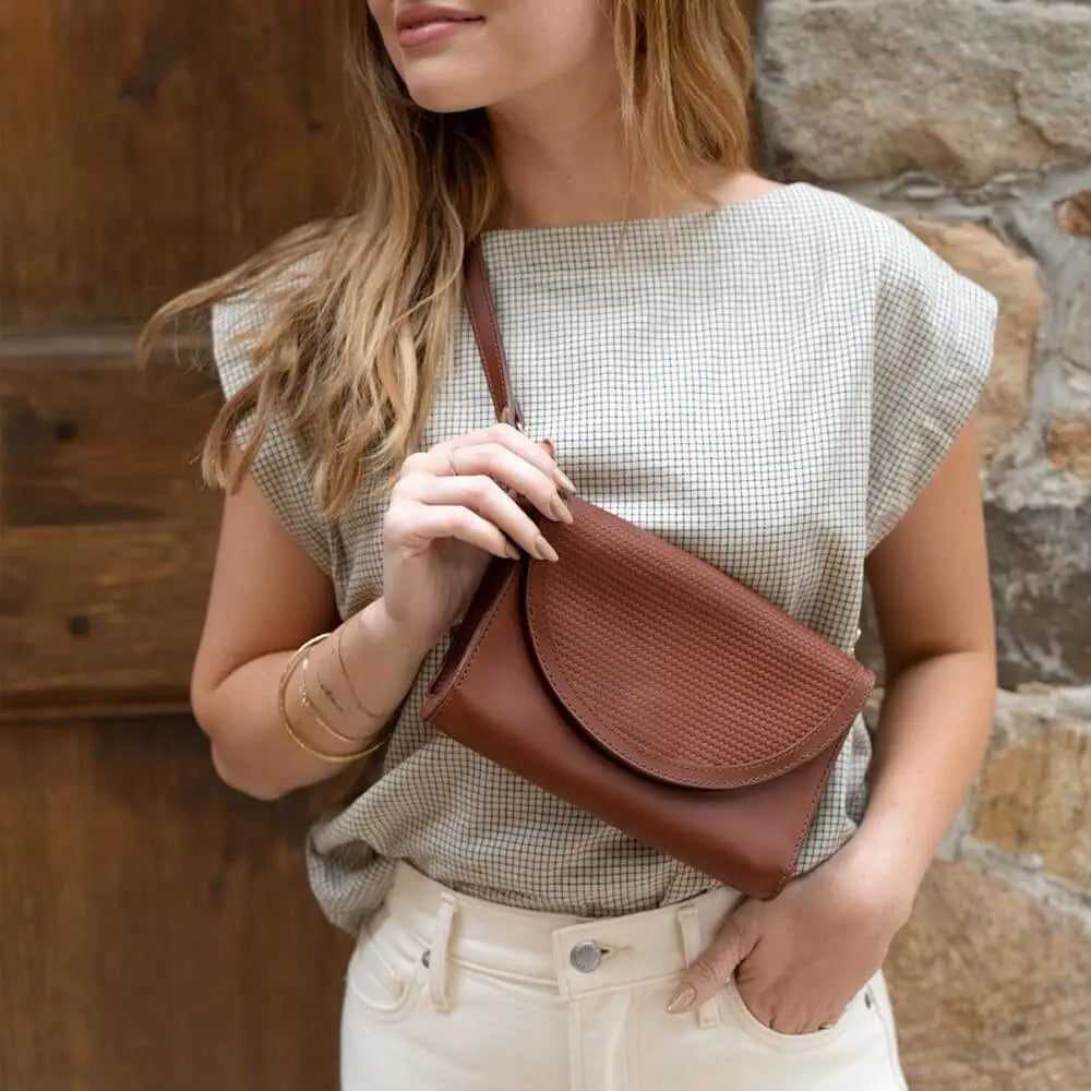 Nisolo Cleo Leather Convertible Crossbody Clutch by Mission Mercantile Leather Goods, natural skincare detail photo 2