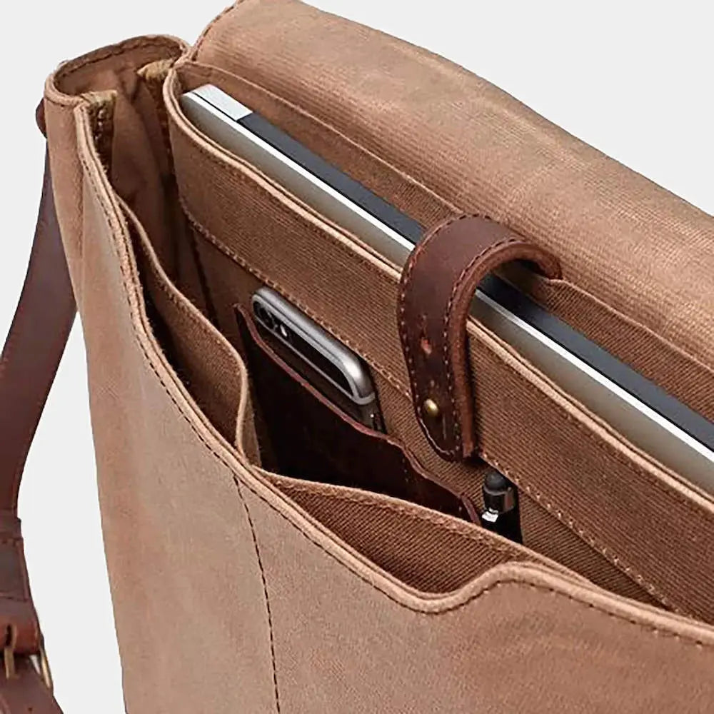 Nisolo Loreto Leather Messenger Bag by Mission Mercantile Leather Goods, handmade leather goods detail photo 7