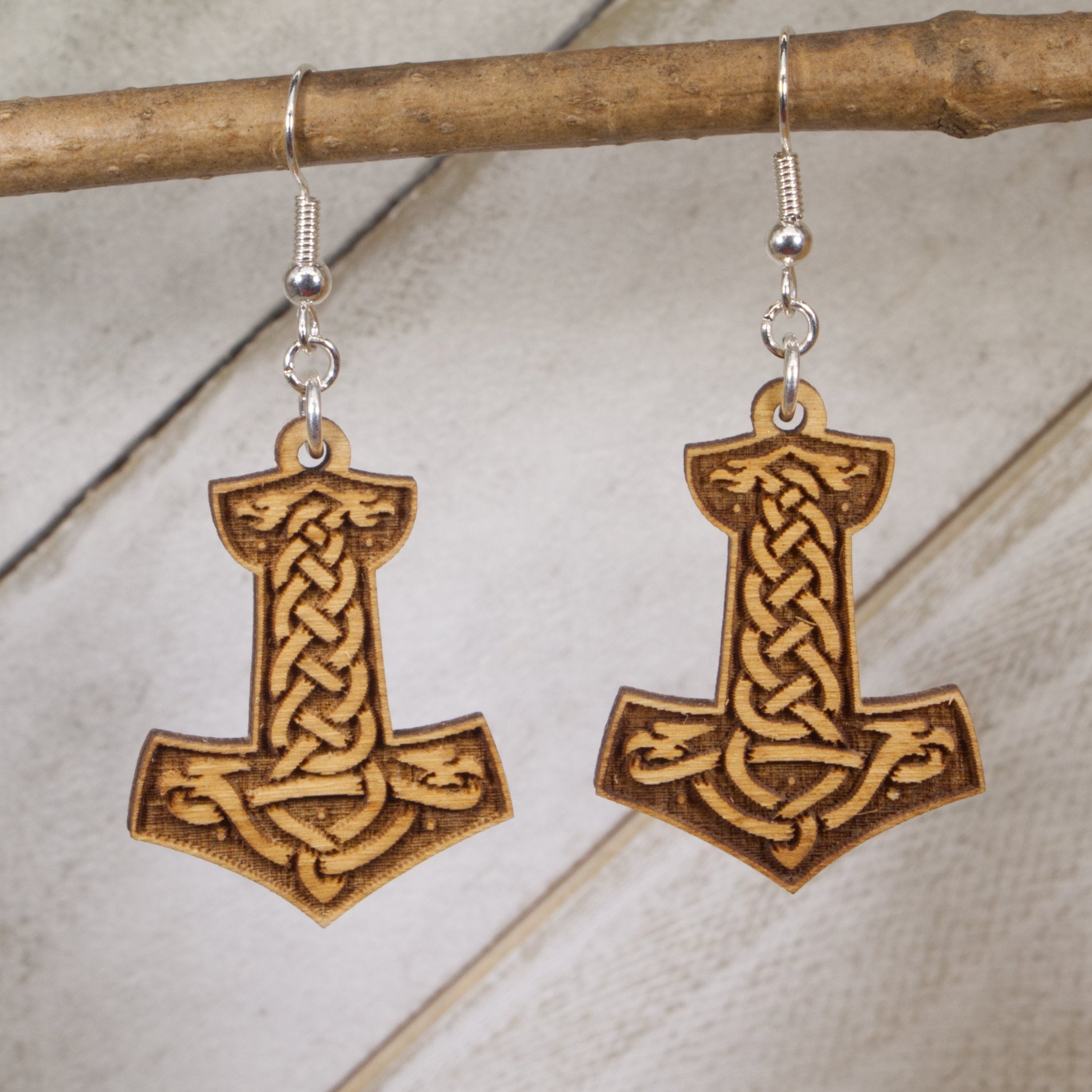 Norse Thor Hammer Wooden Dangle Earrings | Viking Mjolnir Jewelry detail view by Cate's Concepts, LLC