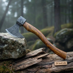 Nordic Damascus Camp Hatchet with Ergonomic Curved Hardwood Handle detail view by JW SteelCrafts