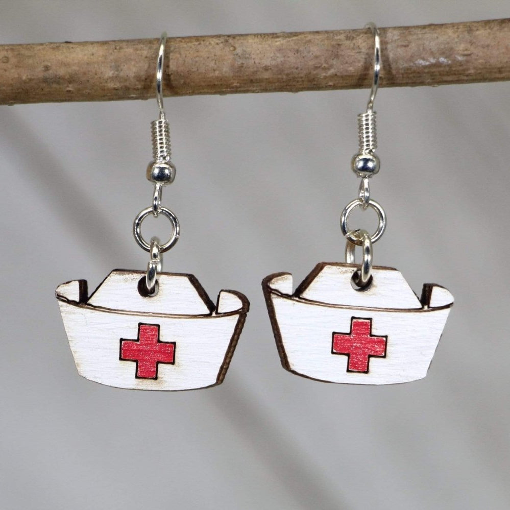 Nurse Hat Wooden Dangle Earrings | Medical Jewelry Gift by Cate's Concepts, LLC