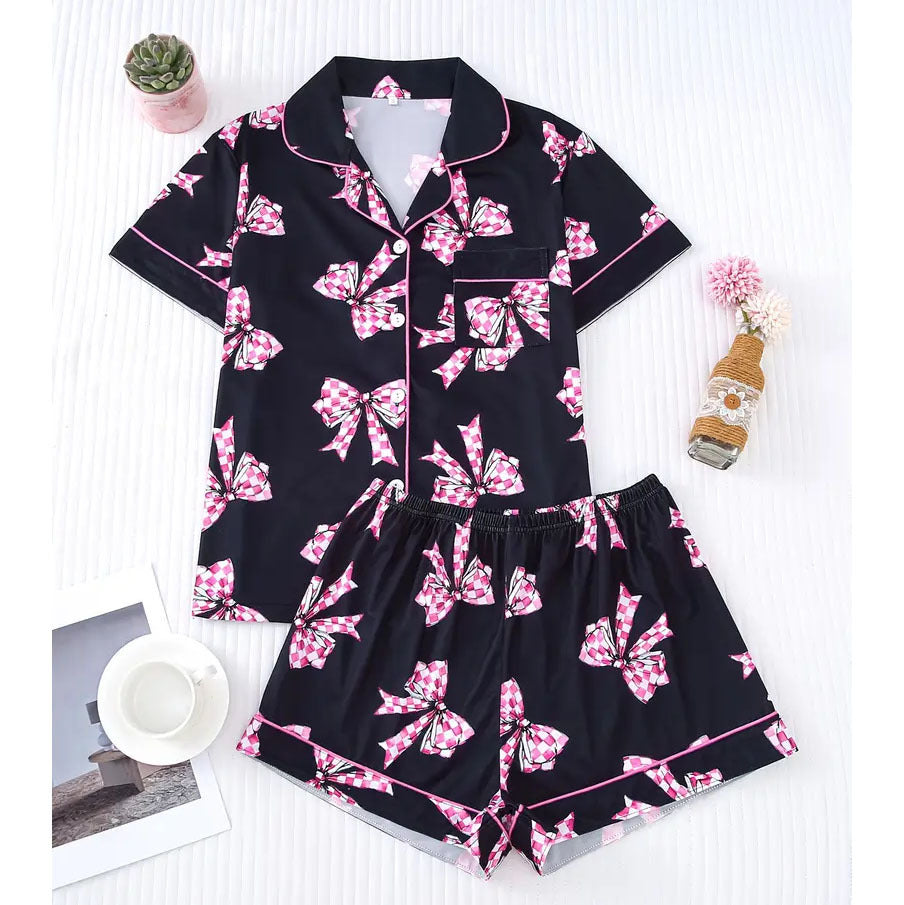 Pink Checkered Bow Women's Pajama Set — Short Sleeve Top & Shorts by The Mississippi Mermaid Mercantile - view 10