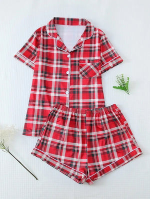 Pink Checkered Bow Women's Pajama Set — Short Sleeve Top & Shorts by The Mississippi Mermaid Mercantile - view 7