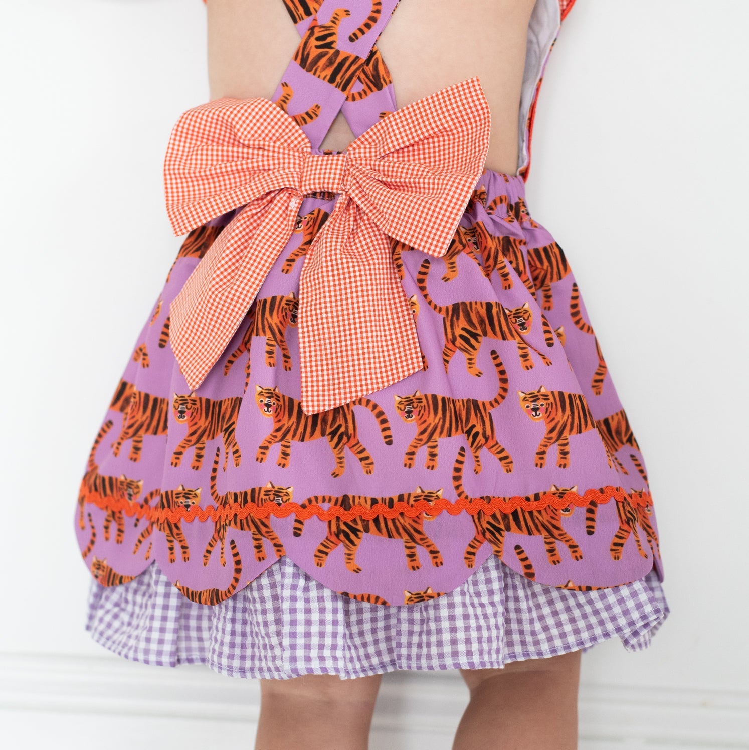 Orange & Purple Tiger Dress detail view by Seven Lantern Lane