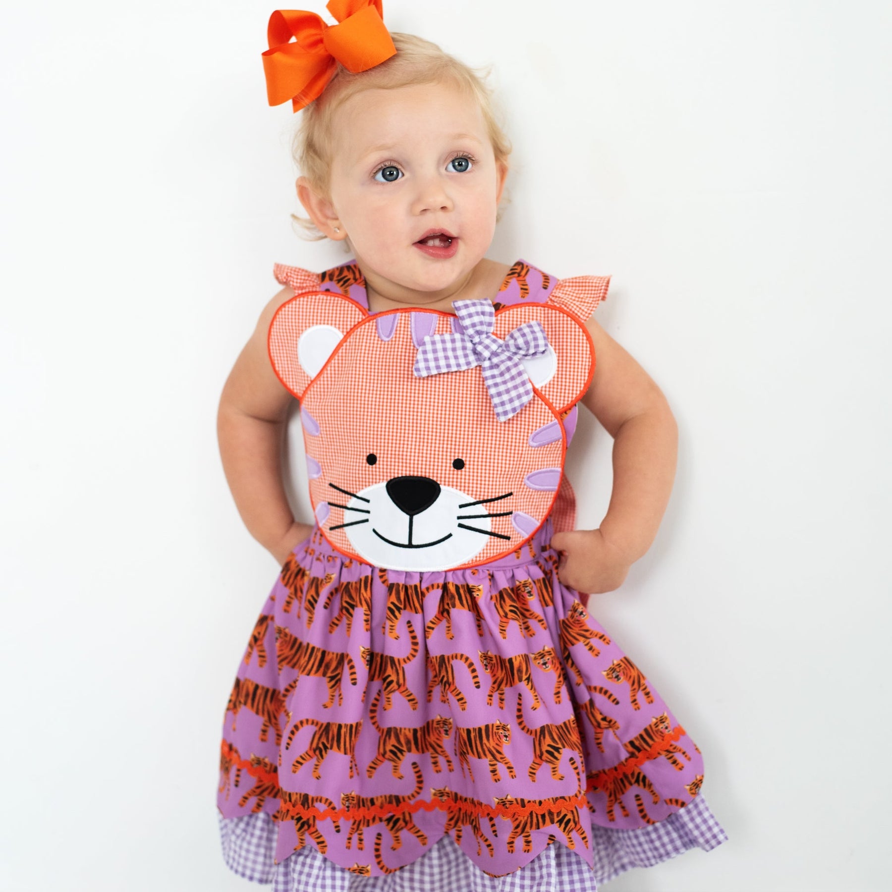 Orange & Purple Tiger Dress detail view by Seven Lantern Lane
