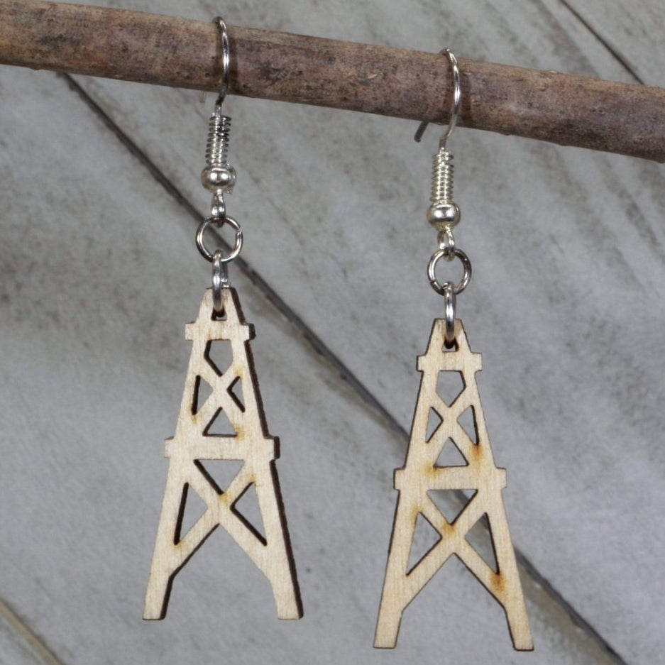 Oil Derrick Wooden Dangle Earrings | Oilfield Industrial Jewelry detail view by Cate's Concepts, LLC