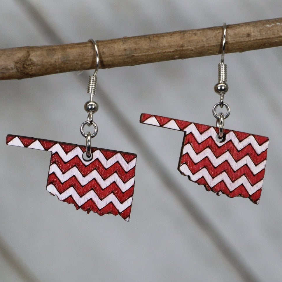 Oklahoma Chevron Wooden Dangle Earrings | Red White State Jewelry detail view by Cate's Concepts, LLC