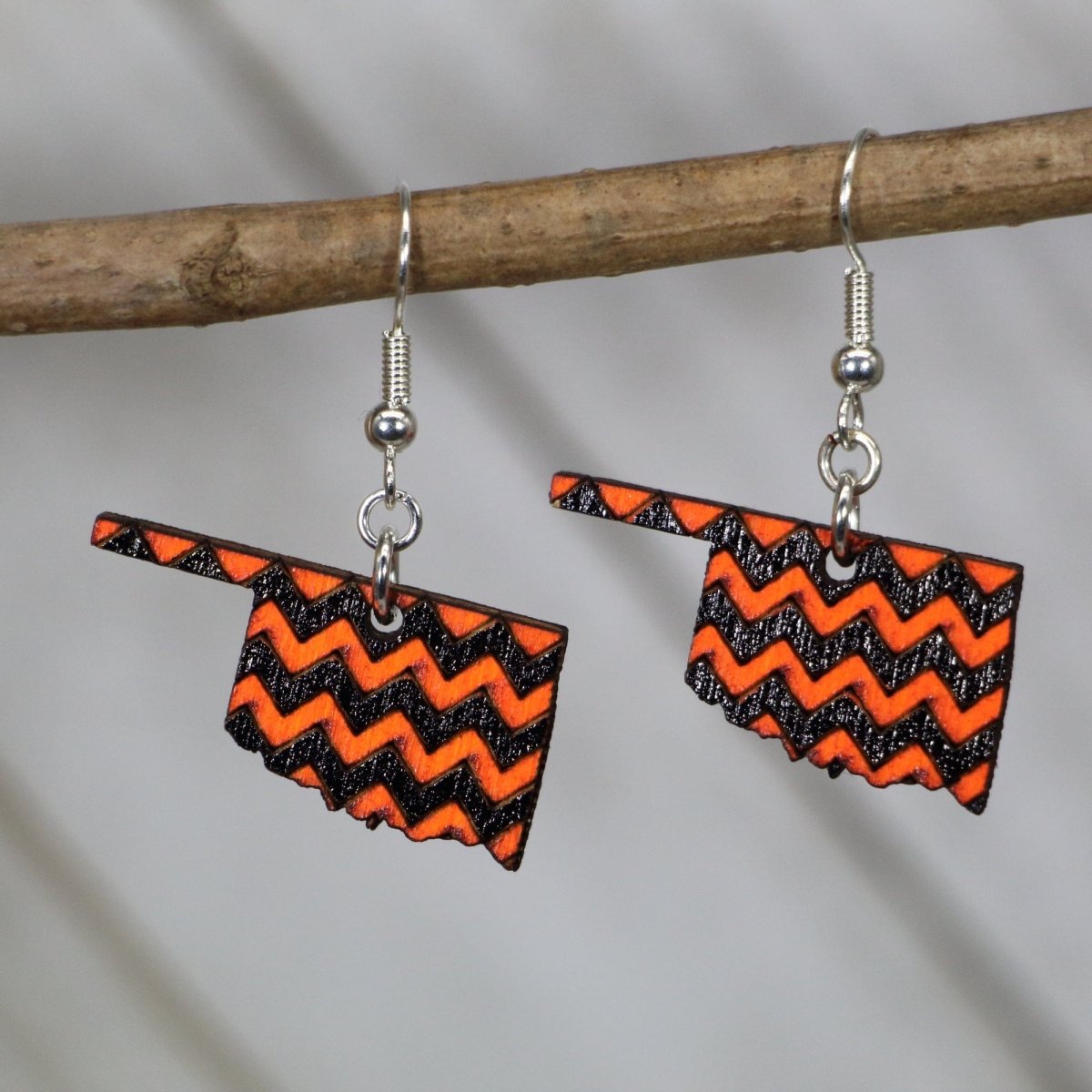 Oklahoma Orange Black Chevron Wooden Dangle Earrings | State Jewelry detail view by Cate's Concepts, LLC