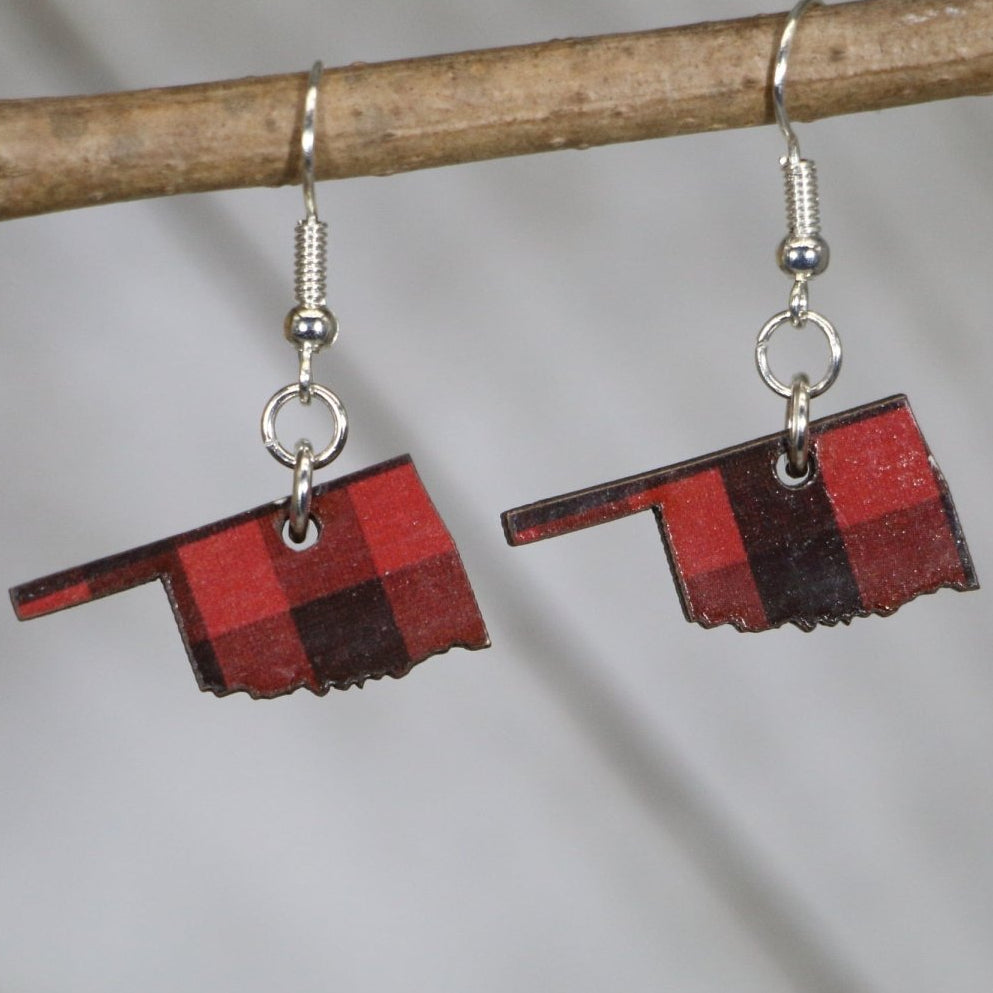Oklahoma State Buffalo Plaid Wooden Earrings | State Pride Jewelry by Cate's Concepts, LLC